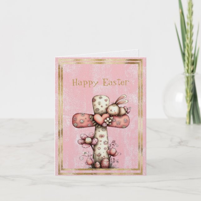 Happy Easter Cross Bunny Flowers Eggs Note Card (Front)