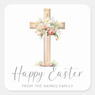 Happy Easter Cross Floral Square Sticker