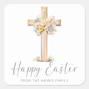 Happy Easter Cross Floral Square Sticker