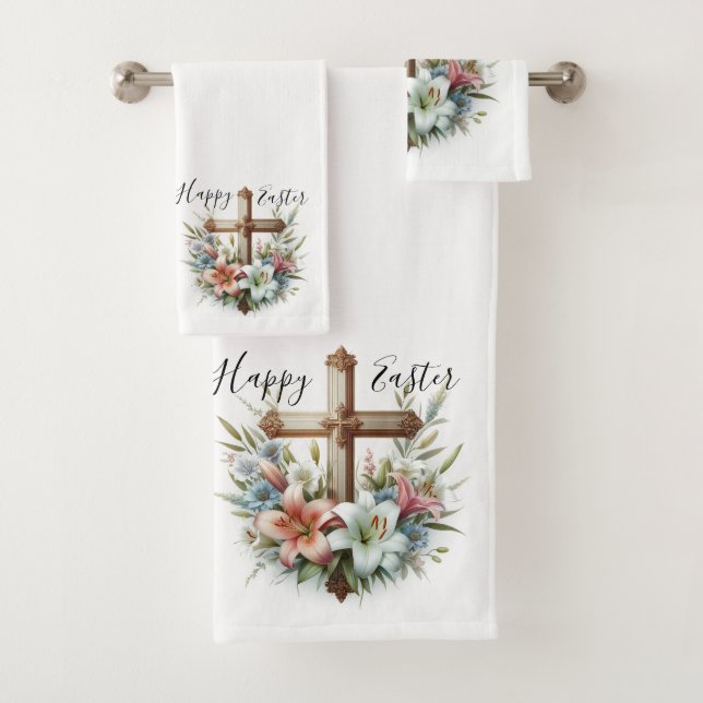 Happy Easter Cross with Easter Lilies  Bath Towel Set (Insitu)
