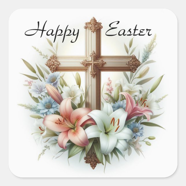 Happy Easter Cross with Easter Lilies  Square Sticker (Front)
