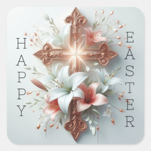 Happy Easter Cross with Easter Lilies Square Sticker