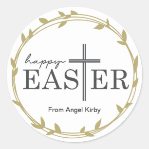 Happy Easter Cross, with golden leaf border, Classic Round Sticker