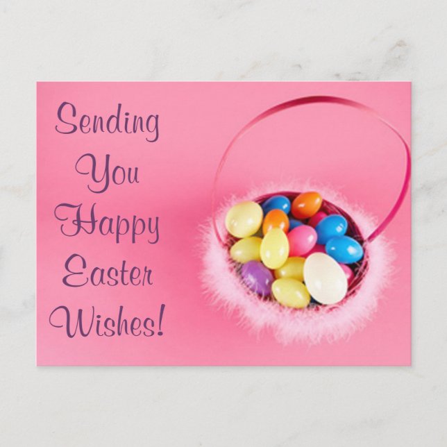 Happy Easter Customizable Pretty PInk Basket Holiday Postcard (Front)