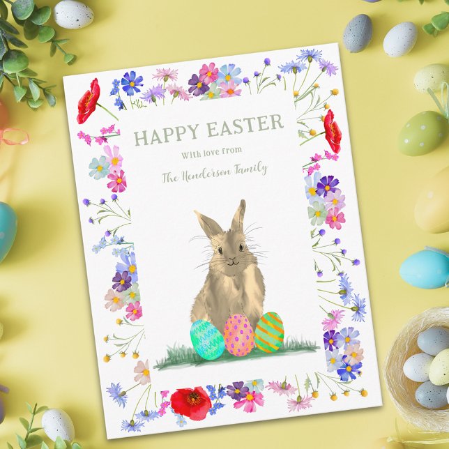 Happy Easter Cute Bunny and Eggs Floral Holiday Postcard (Personalized happy easter cute bunny watercolor wildflower meadow spring floral holiday greetings )