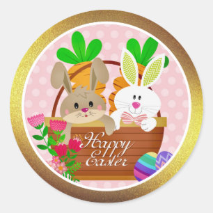 Happy Easter, Cute Bunny Basket & Colourful Eggs Classic Round Sticker