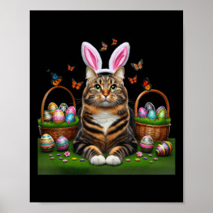 Happy Easter Cute Bunny Cat Eggs Basket Easter Cat Poster