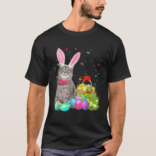 Happy Easter Cute Bunny Cat Eggs Basket Men Women T-Shirt (Front)