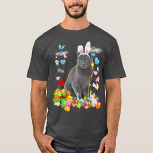 Happy Easter Cute Bunny Cat Russian Blue Eggs Bask T-Shirt