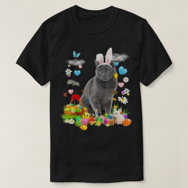 Happy Easter Cute Bunny Cat Russian Blue Eggs Bask T-Shirt (Design Front)