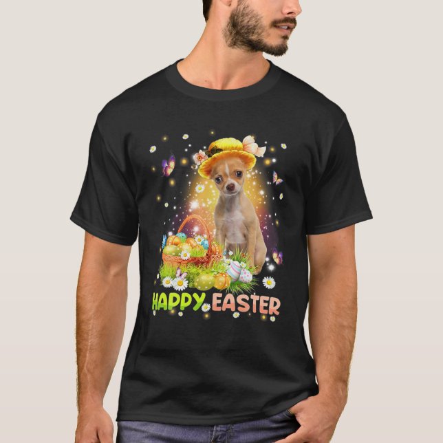 Happy Easter Cute Bunny Dog Chihuahua Eggs Basket T-Shirt (Front)