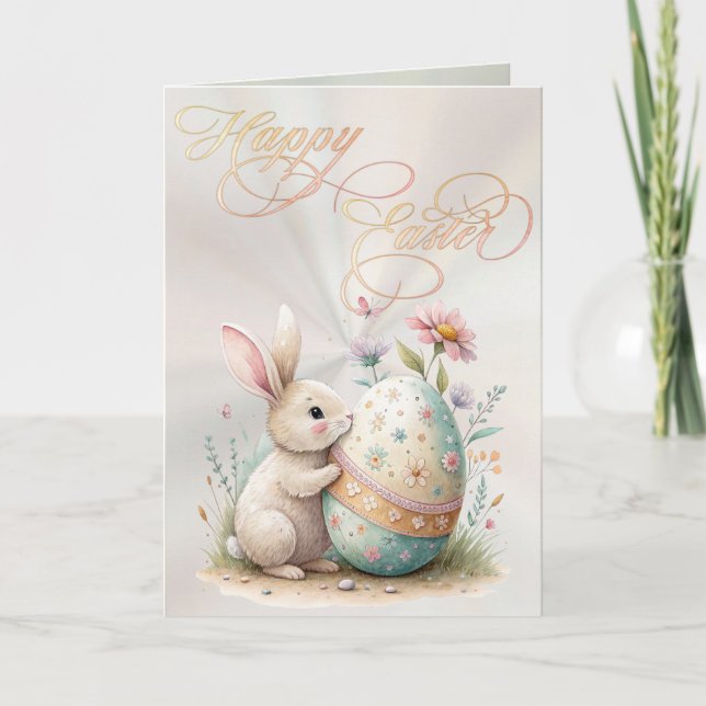 Happy Easter Cute Bunny & Egg Pastel Floral Holiday Card (Front)
