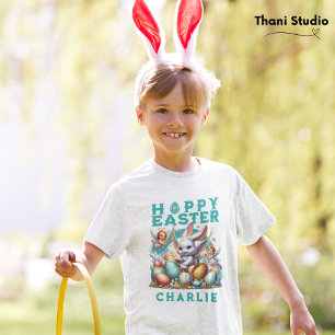 Happy Easter Cute Bunny & Eggs Customizable Name T-Shirt