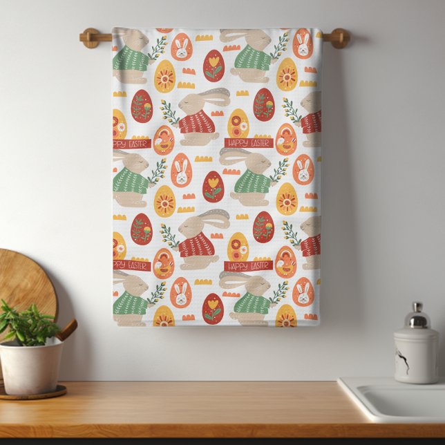 Happy Easter Cute Bunny Eggs Spring Flowers Kitchen Towel (Creator Uploaded)