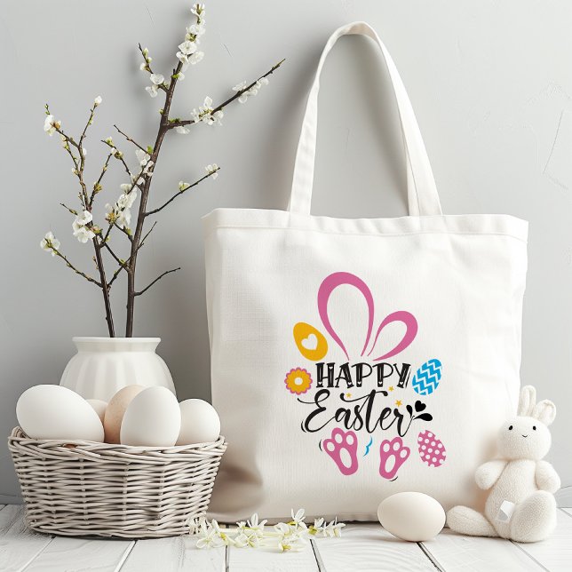 Happy Easter Cute Bunny Long Ears Hunt Eggs Floral Tote Bag (Creator Uploaded)