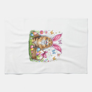 Happy Easter Cute Bunny Maine Coon Cat Easter Eggs Kitchen Towel