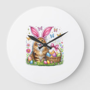 Happy Easter Cute Bunny Maine Coon Cat Easter Eggs Large Clock