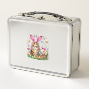 Happy Easter Cute Bunny Maine Coon Cat Easter Eggs Metal Lunch Box