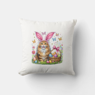 Happy Easter Cute Bunny Maine Coon Cat Easter Eggs Throw Pillow
