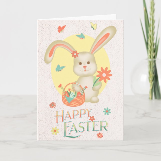 Happy Easter Cute Bunny Personalized Floral Pastel Holiday Card (Front)
