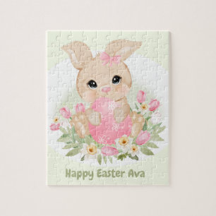 Happy Easter Cute Bunny Pink Egg Personalized Name Jigsaw Puzzle