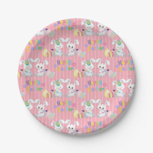 Happy Easter Cute Bunny Rabbits Painting Eggs Paper Plate