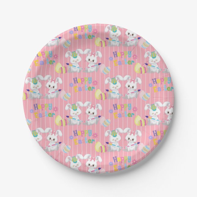 Happy Easter Cute Bunny Rabbits Painting Eggs Paper Plate (Front)