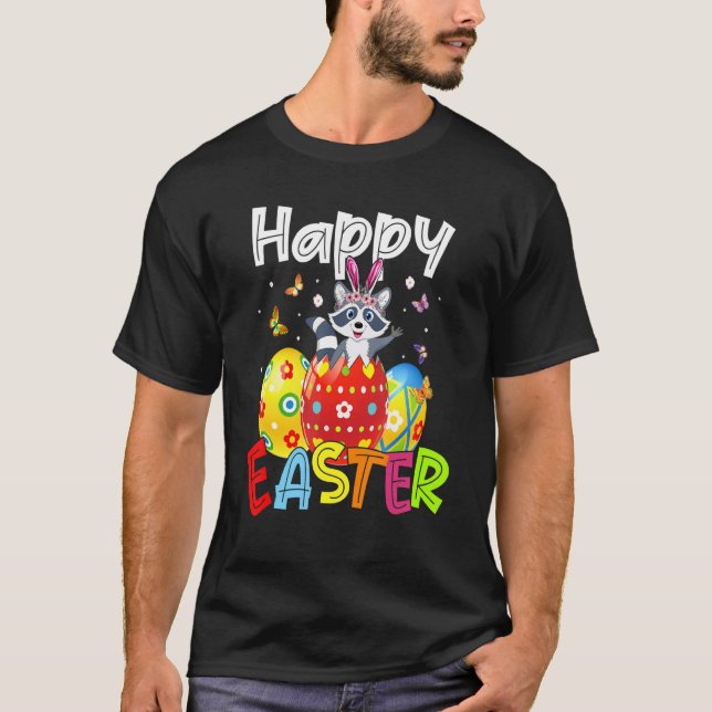 Happy Easter Cute Bunny Rabiit Raccoon  Eggs Hunt  T-Shirt (Front)