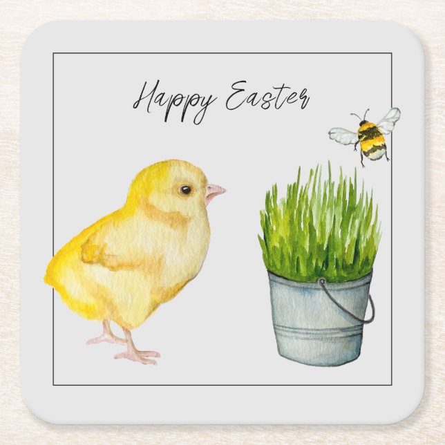 Happy Easter, cute chick and bumblebee Square Paper Coaster (Front)