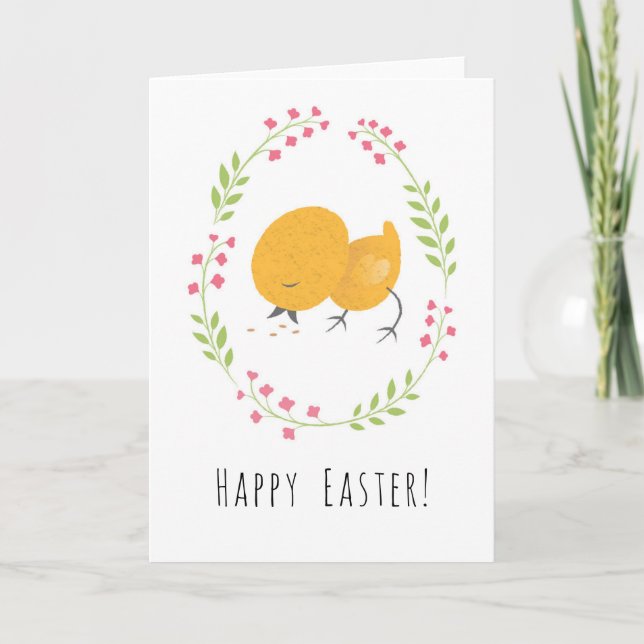 Happy Easter Cute Chick Floral Egg Wreath Card (Front)