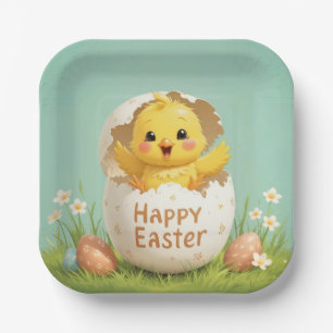 Happy Easter Cute Chick in Egg Pastel Spring Paper Plate