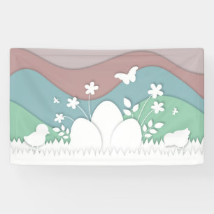 Happy Easter, cute chicks, easter eggs on grass La Banner
