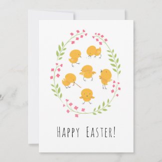 Happy Easter Cute Chicks Floral Egg Wreath Card