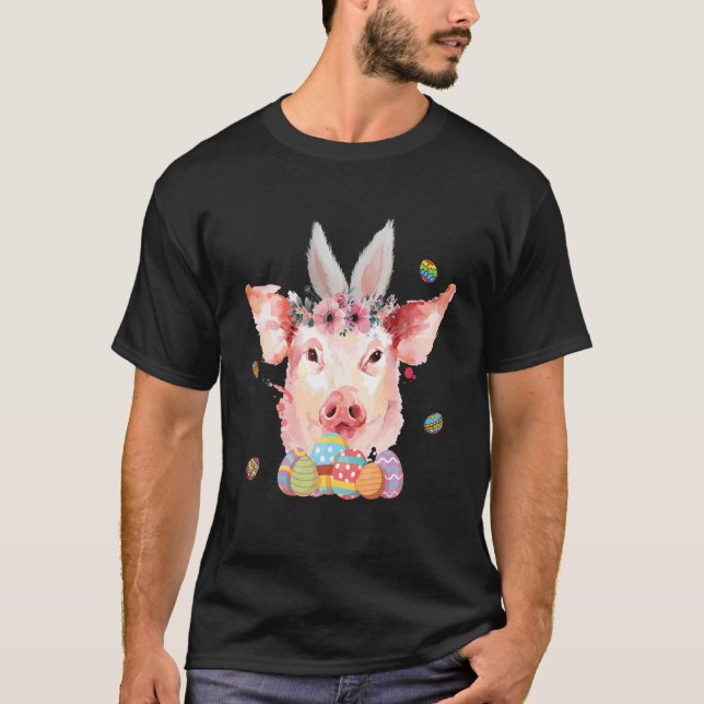 Happy Easter Cute Colourful Bunny Pig Flowers East T-Shirt (Front)
