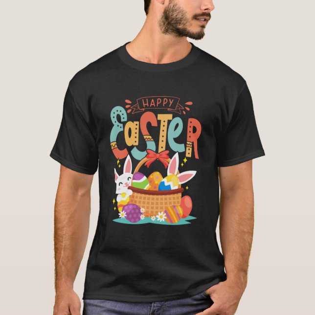 Happy Easter Cute Colourful Bunny Rabbit Eggs Hunt T-Shirt (Front)