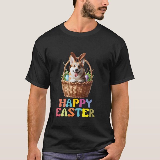 Happy Easter Cute Corgi Basket Design Fun T-Shirt (Front)
