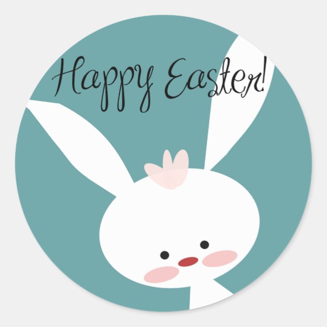 Happy Easter Cute Easter Bunny on Blue Classic Round Sticker (Front)
