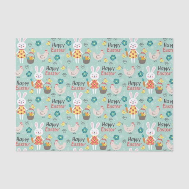 Happy Easter | Cute Easter Rabbits Pattern - Green Tissue Paper (Front)