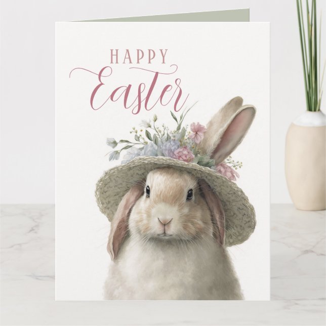 Happy Easter Cute Floral Bunny Rabbit Photo Card (Front)