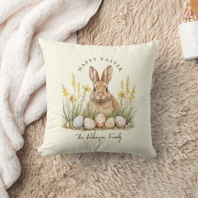 Happy Easter Cute Floral Spring Rabbit Throw Pillow (Blanket)