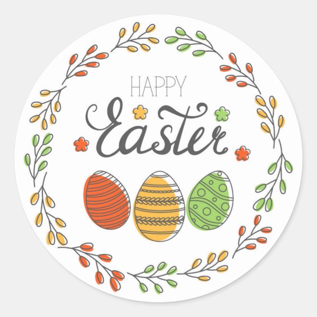 Happy Easter Cute Floral Wreath Easter Eggs Classic Round Sticker (Front)
