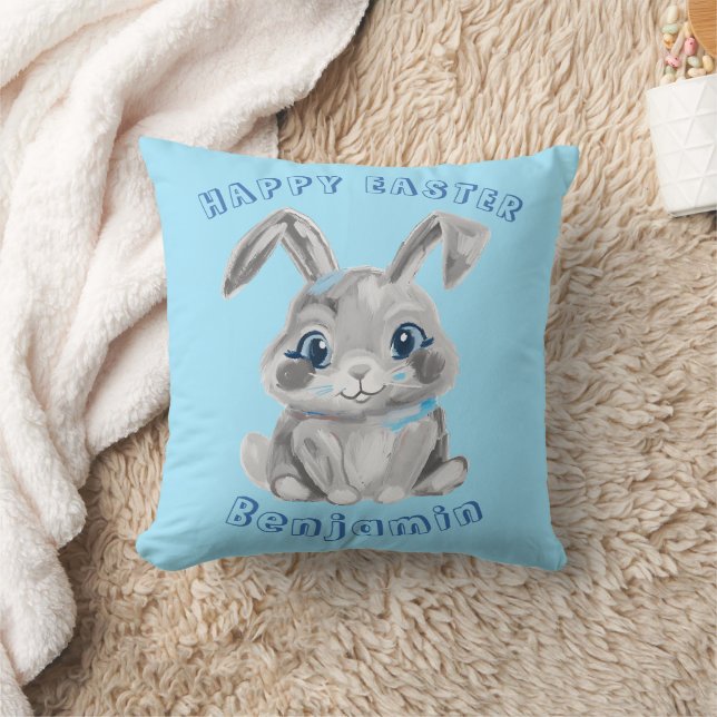 Happy Easter Cute Grey Bunny Rabbit Blue Name Throw Pillow (Blanket)