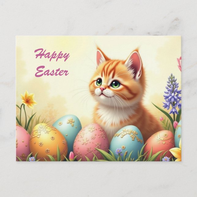 Happy Easter Cute Kitten with Easter Eggs Holiday Postcard (Front)