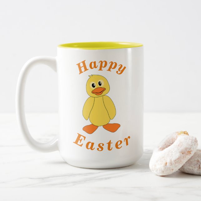 "Happy EASTER" Cute Little Yellow Duck Orange Text Two-Tone Coffee Mug (With Donut)