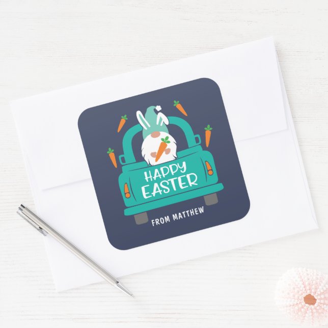 Happy Easter Cute Modern Gnome Truck Name Classic  Square Sticker (Envelope)