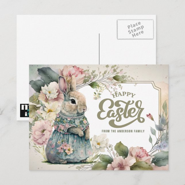 Happy Easter. Cute Old-Fashioned Bunny Holiday Postcard (Front/Back)