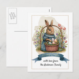 Happy Easter. Cute Old-Fashioned Bunny with Eggs  Holiday Postcard