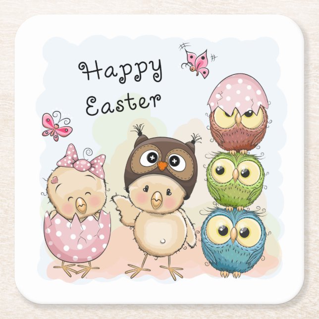 Happy Easter Cute Owl Chicks | Holidays Square Paper Coaster (Front)