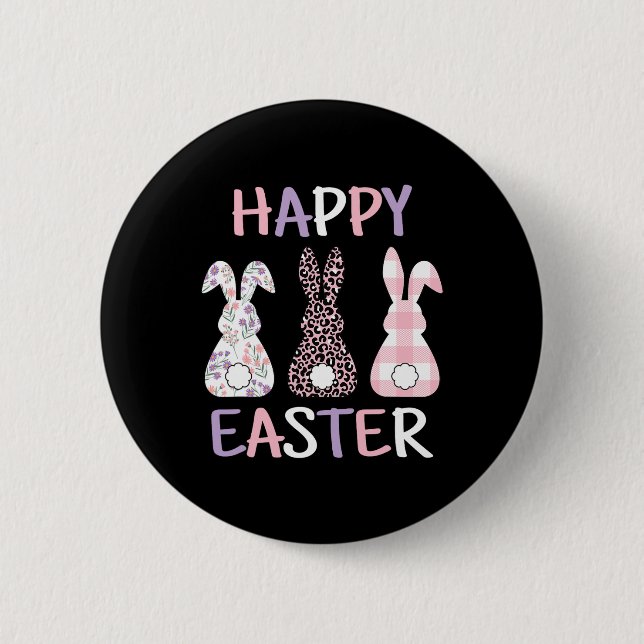 Happy Easter Cute Pink Leopard Plaid Flower Bunny  2 Inch Round Button (Front)