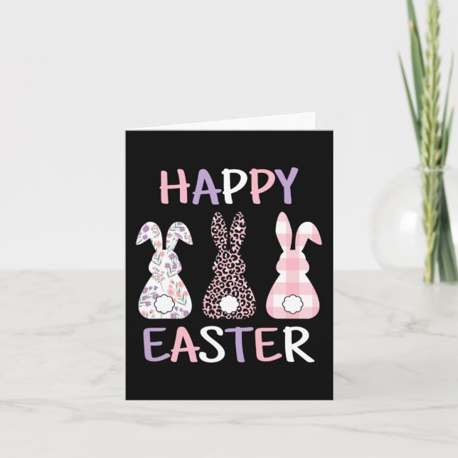 Happy Easter Cute Pink Leopard Plaid Flower Bunny  Card (Front)